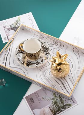 INS轻奢风长方形大理石纹装饰托盘玄关浴室化妆品首饰收纳展示盘