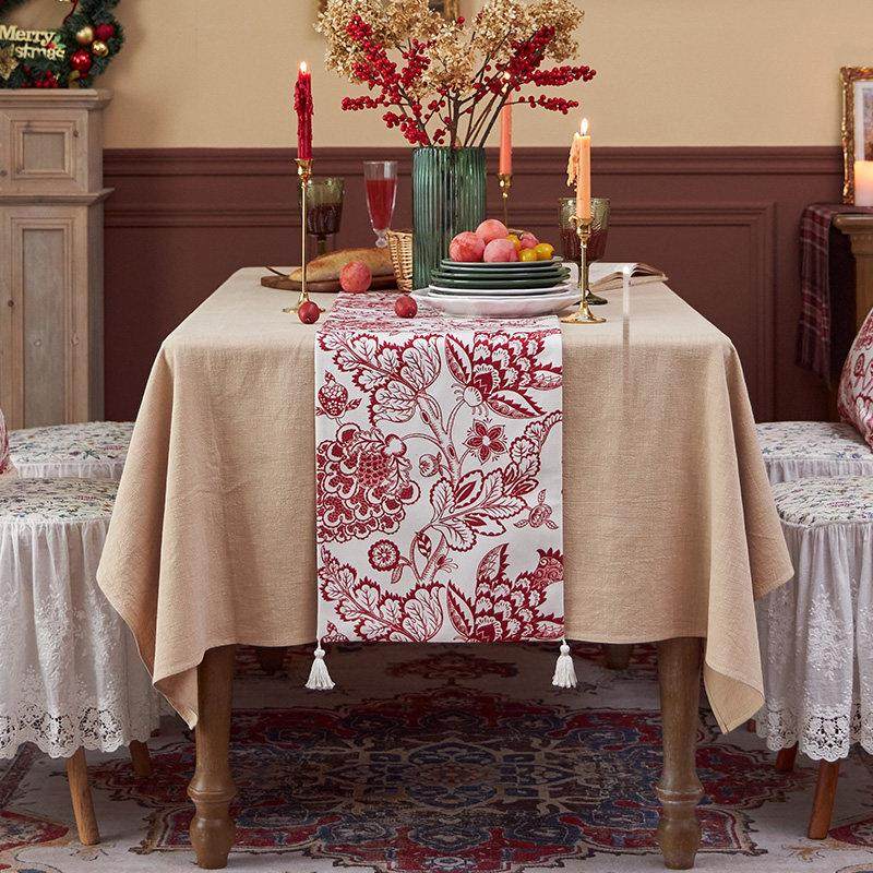 红色复古桌旗 新中式新年桌旗电视柜茶几盖布婚庆长条床旗