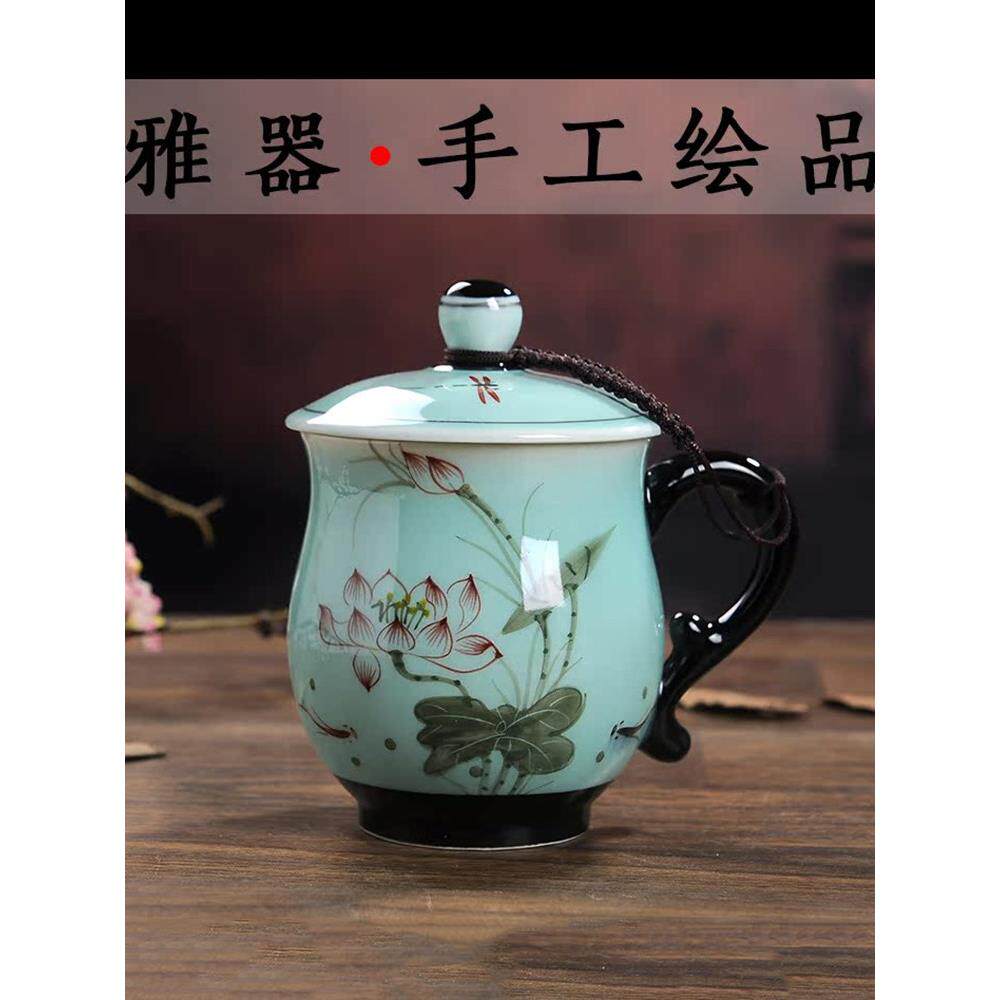 景德镇陶瓷杯带盖子手绘茶杯套装家用办公会议杯个人水杯子礼品定