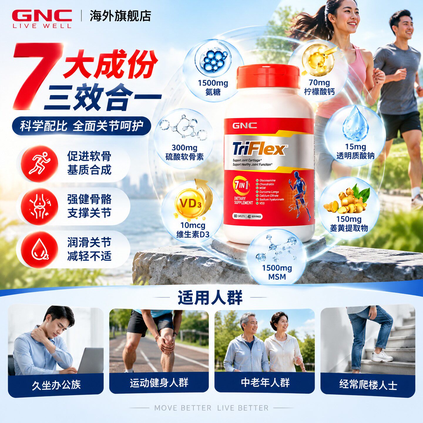 GNC健安喜七合一氨糖软骨素补钙安糖关节宝维骨力关节葡萄糖160片