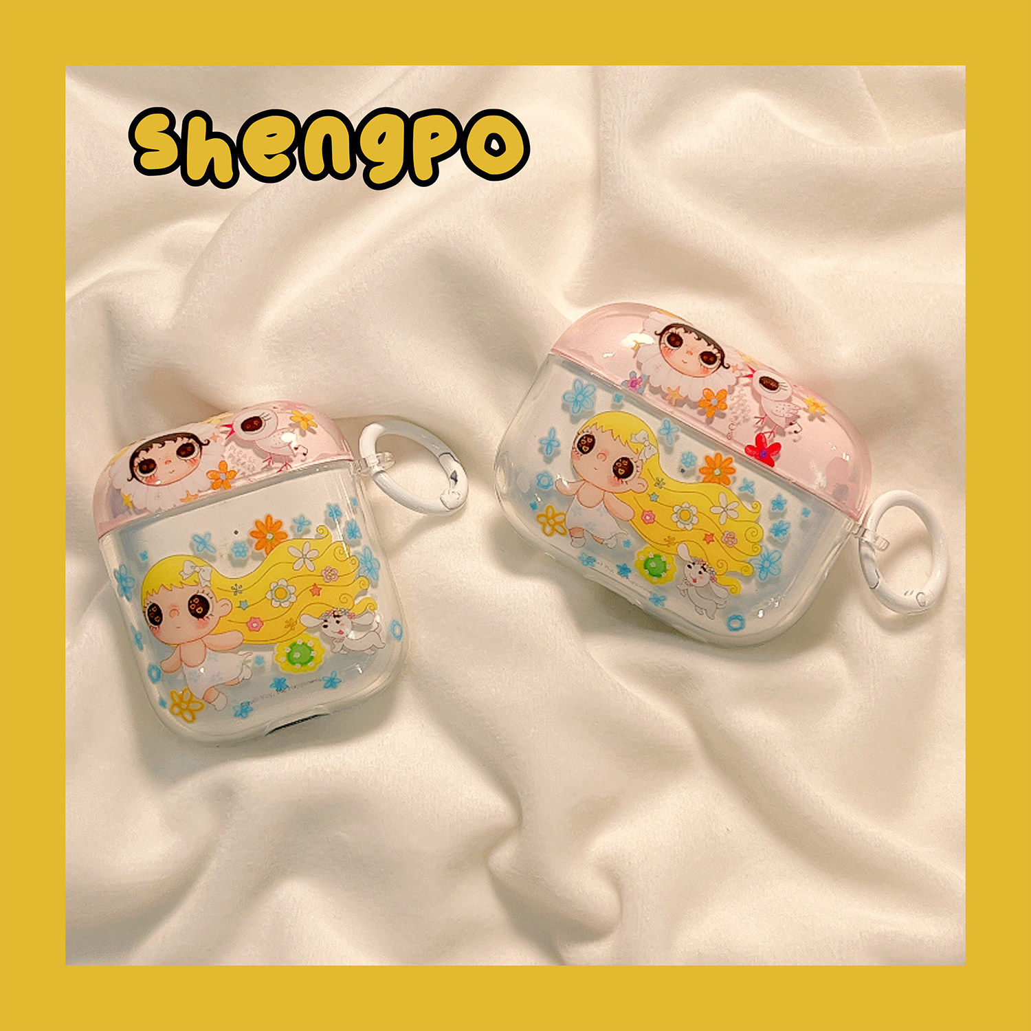 卡通可爱长发女孩花朵适用airpodspro3苹果无线蓝牙耳机壳airpods4新款airpods1/2代防摔pro2三代保护套透明
