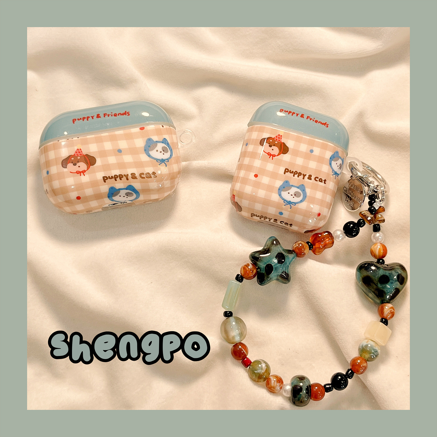 ins格纹可爱卡通小狗猫咪耳机套