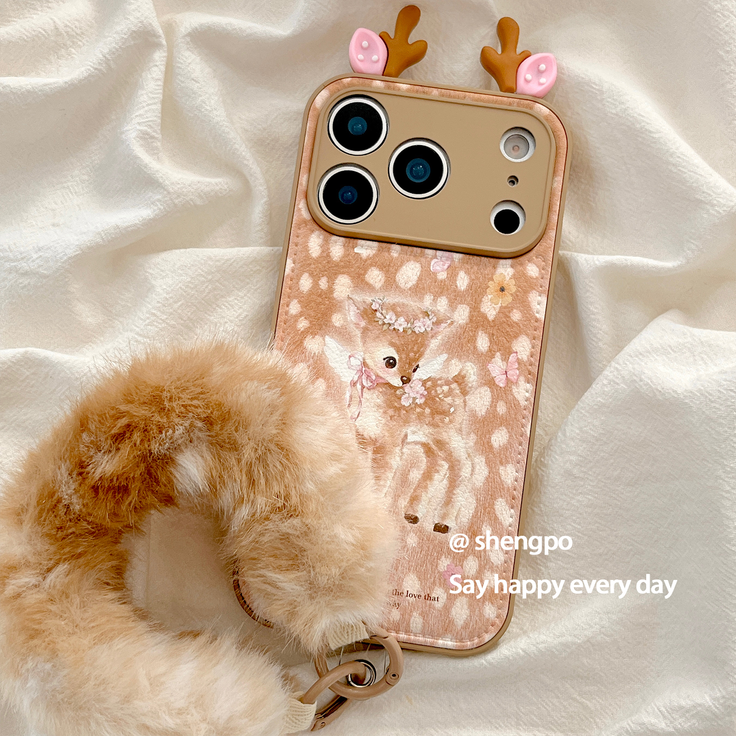 可爱卡通梅花鹿手机壳皮质带挂绳