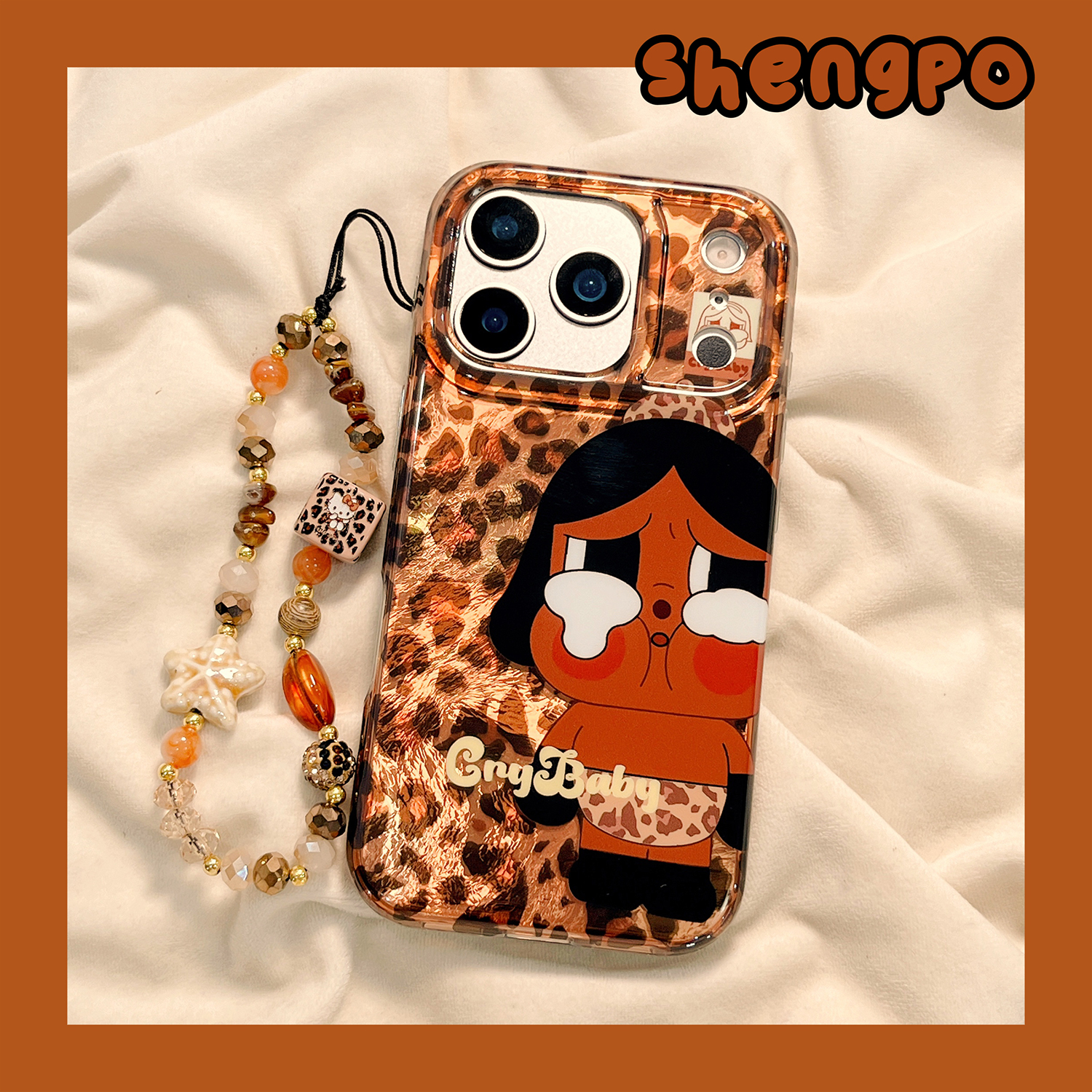 潮玩可爱卡通哭娃豹纹手机壳