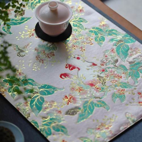 粉绿色猫咪彷西阵织茶席织锦茶垫干泡茶几垫茶艺礼品精致织金茶旗