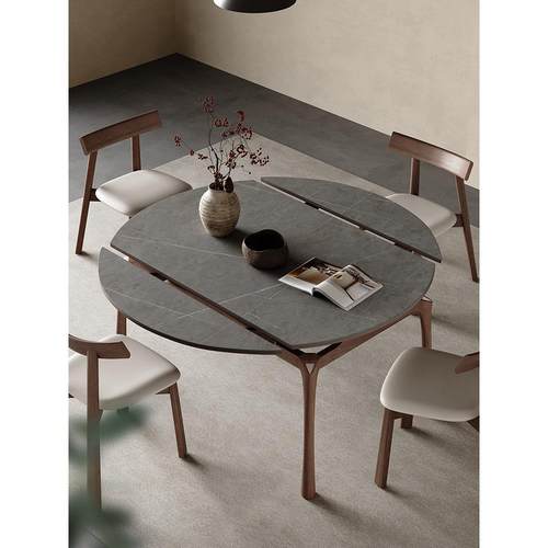 极简主义可伸缩石板餐桌方形和圆形两用全支持设计师北欧家庭小公