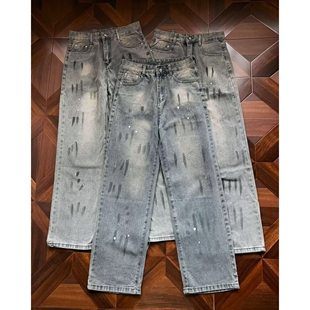 美式高街复古泼墨牛仔裤男童潮流新款休闲裤男生水洗直筒长裤子男