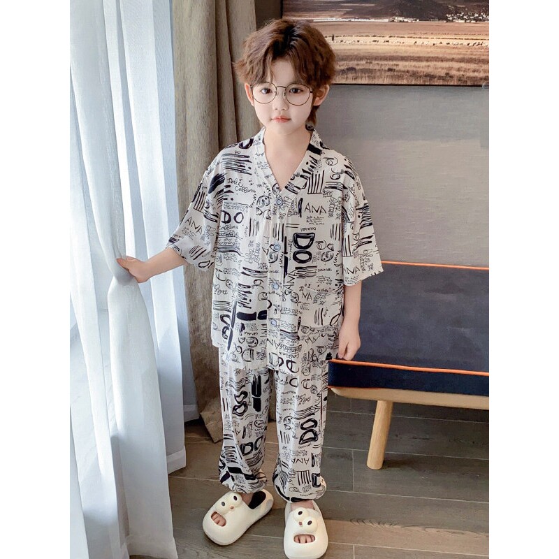 儿童棉绸睡衣男童大小孩绵绸夏季家居服涂鸦套装男孩2026新款宝宝