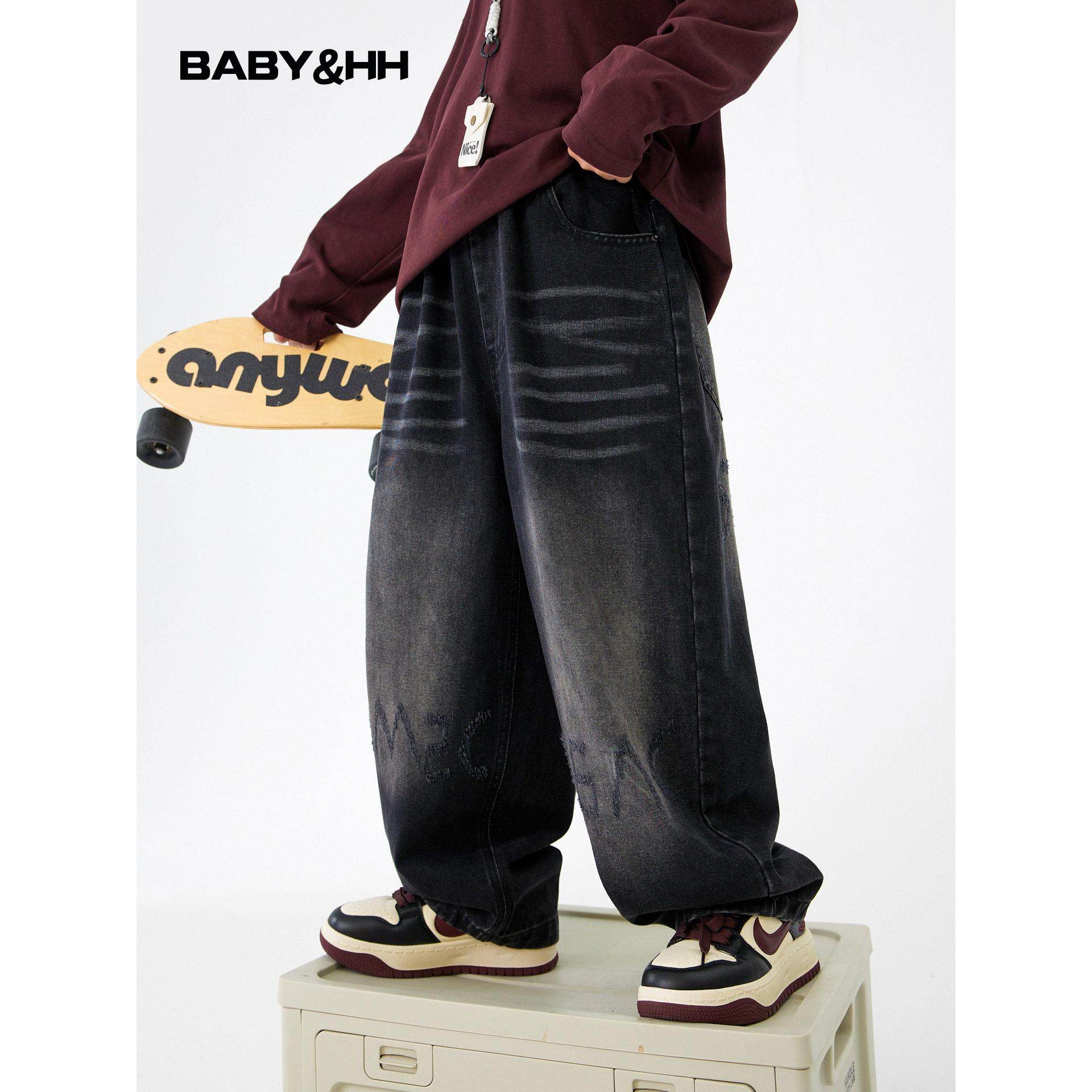 男童秋季潮牌黑色直筒牛仔裤2025新款青少年儿童春秋阔腿宽松裤子