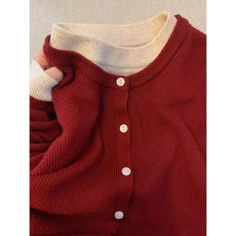 高级感假两件圆领红色针织衫女秋冬慵懒风宽松毛衣外套设计感上衣