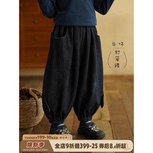 童装加绒灯笼裤冬装男童深蓝色牛仔裤宝宝覆合奥粒绒长裤子