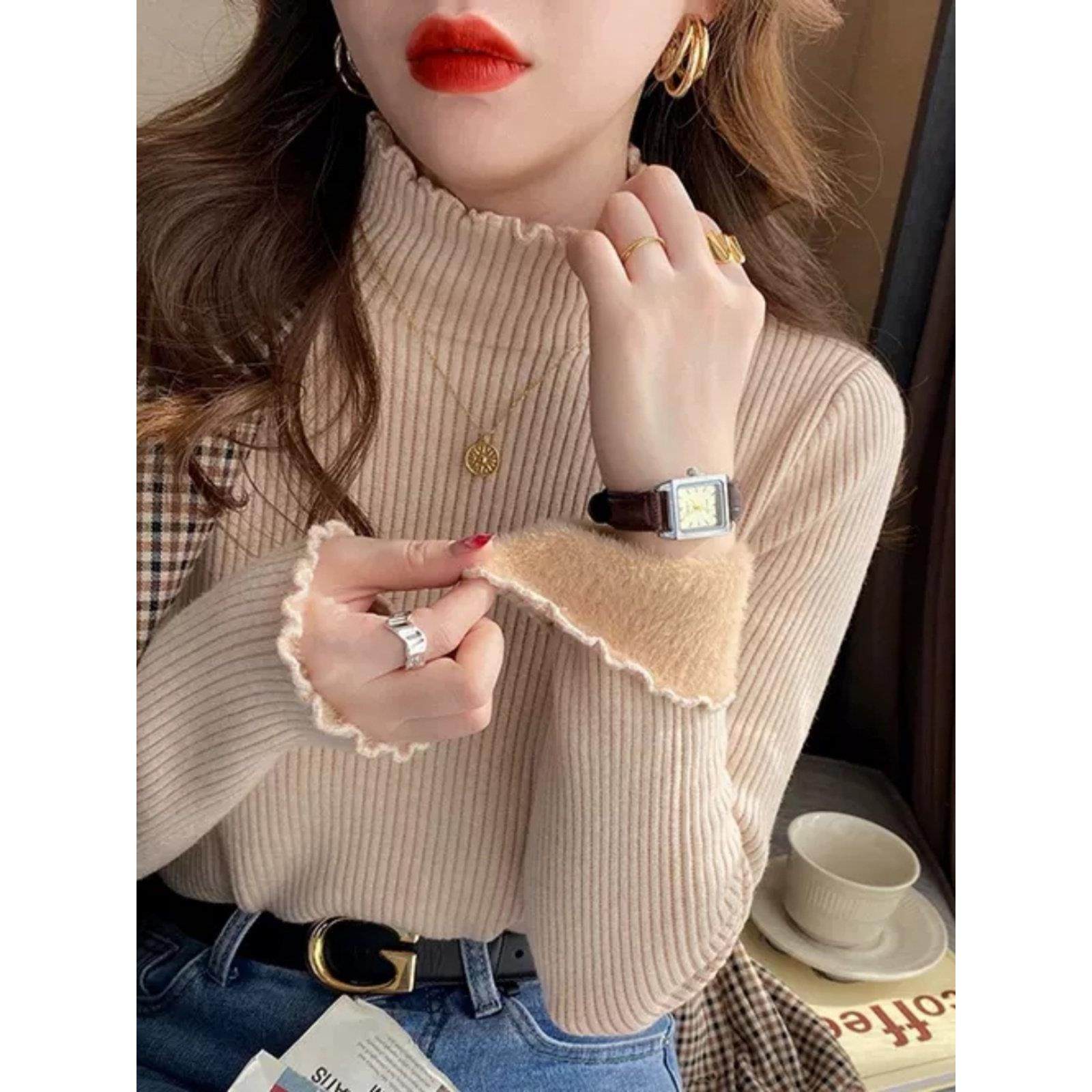 大码一体绒打底衫女冬季加绒加厚毛衣内搭修身半高领针织上衣胖mm