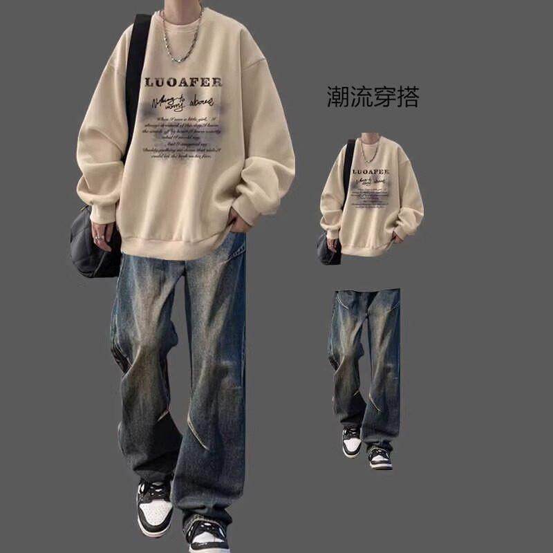 秋冬季套装美式复古重磅卫衣男生加绒上衣潮流帅气一套搭配牛仔裤