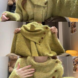 韩系高级感可拆卸围巾毛衣女秋冬设计感小众宽松针织软糯单穿上衣