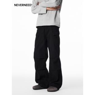 NEVERNEED覆古工装直筒牛仔裤男女秋季美式褶皱多口袋伞兵A字裤