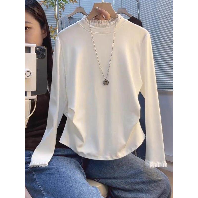 高级感蕾丝拼接长袖t恤女士秋冬大码胖MM白色上衣显瘦收腰打底衫