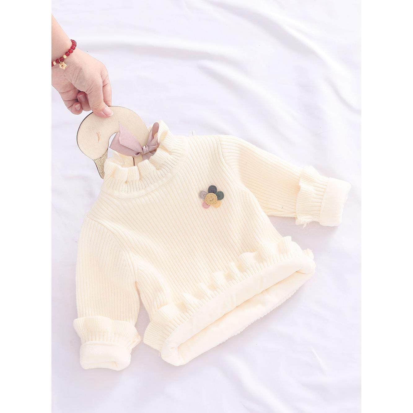女童毛衣加绒加厚宝宝套头打底衫婴儿针织衫白色半高领保暖秋冬装