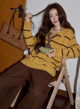 韩系黄色POLO领条纹套头毛衣女2025初冬慵懒宽松长袖上衣