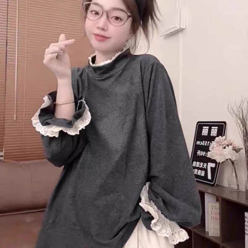 胖mm2-300斤德绒长袖T恤女蕾丝花边半高领大码宽松打底衫保暖上衣