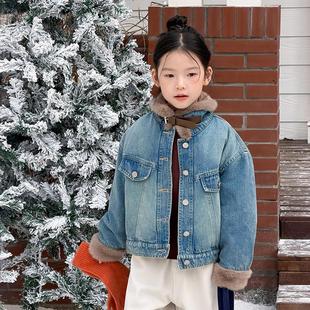 女童冬季时髦复古毛毛牛仔外套儿童韩版洋气加厚保暖棉袄潮