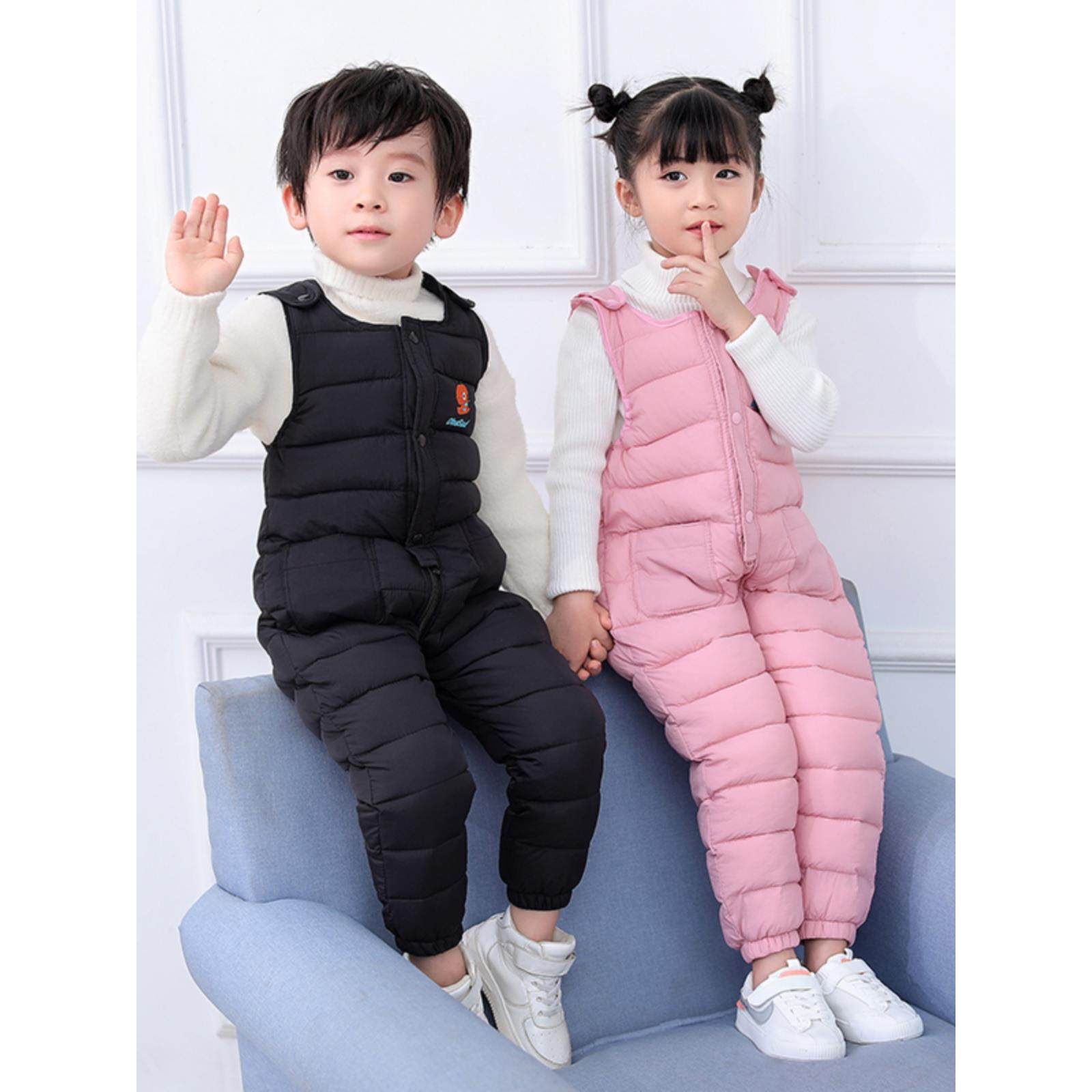 宝宝背带裤套装秋冬加绒外穿男童女童婴儿开档连体裤儿童羽绒棉裤