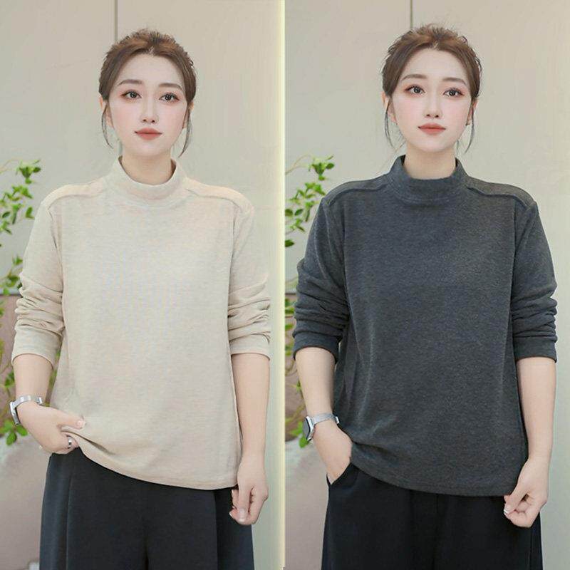 大码女装微胖宽松显瘦加绒打底衫秋冬内搭半高领长袖T恤保暖上衣