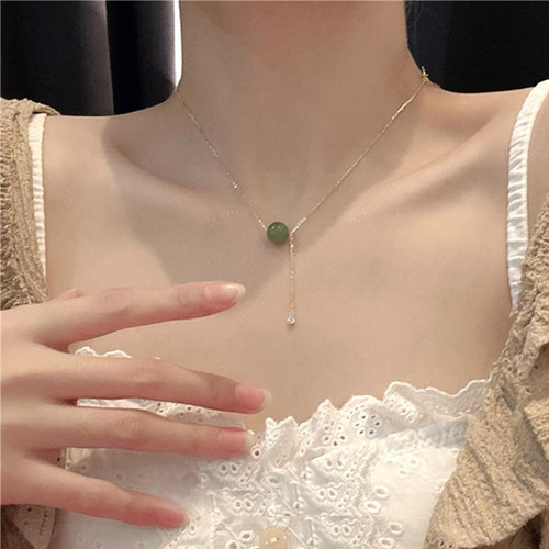 ESEELMI S925纯银和田玉项链配饰女新款2025轻奢小众锁骨链高级感