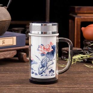 青花送礼 景德镇大号陶瓷保温杯带把手双层防烫水杯办公室家用中式