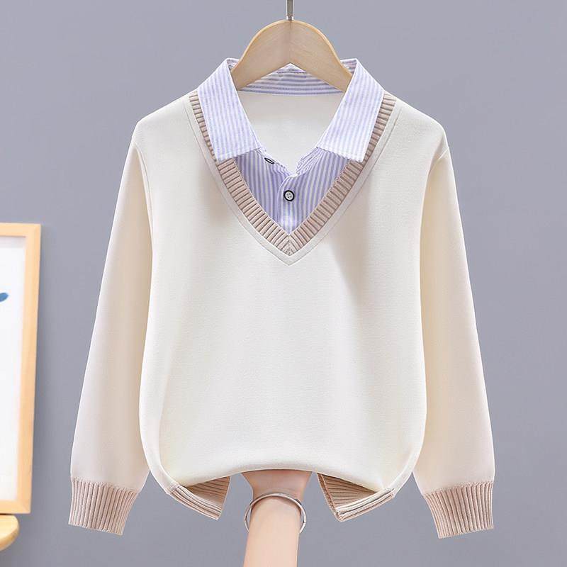 男童卫衣春秋2025新款帅气儿童假两件衬衫领上衣中大童针织打底衫