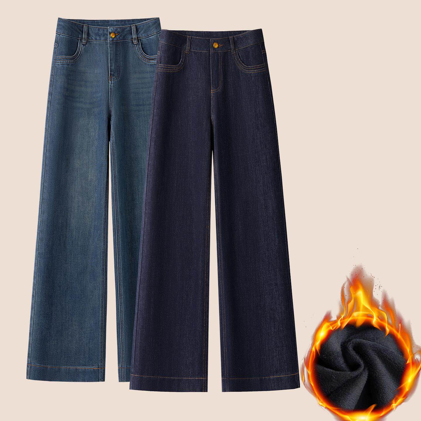 加绒加厚复古直筒牛仔裤女2025秋冬新款高腰弹力窄版阔腿九分长裤