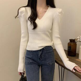 春季2025新款泡泡袖V领针织打底衫女高级感紧身毛衣内搭长袖上衣