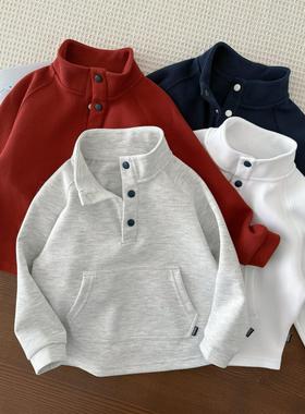 新品男童珠地棉立领卫衣~中大童撞色纽扣打底衫儿童套头上衣春秋