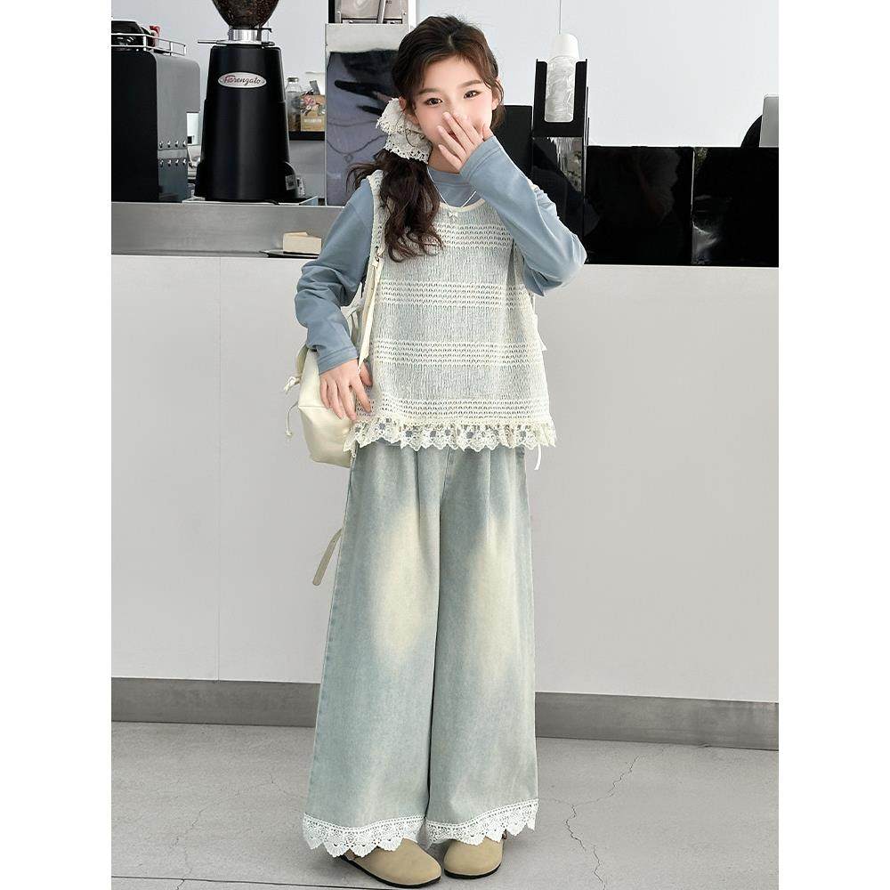 女童秋装套装2025新款洋气马甲打底衫儿童春秋款牛仔阔腿裤三件套