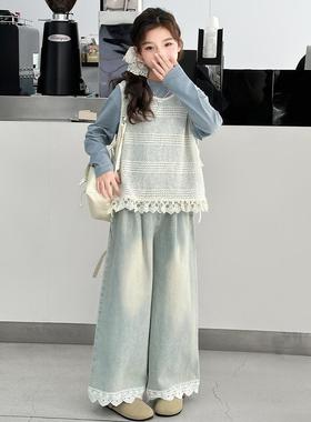 女童秋装套装2025新款洋气马甲打底衫儿童春秋款牛仔阔腿裤三件套