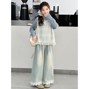 女童秋装套装2025新款洋气马甲打底衫儿童春秋款牛仔阔腿裤三件套