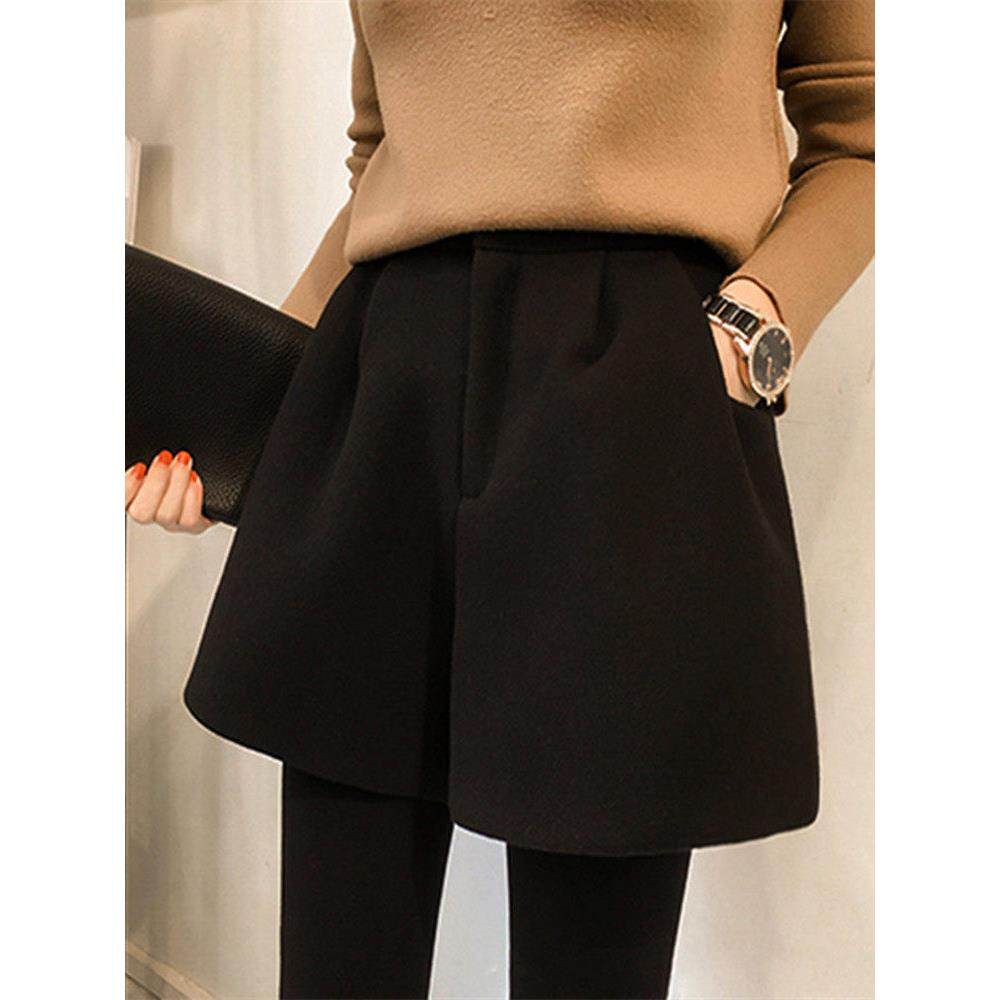 秋冬新款毛呢短裤大码女高腰A字阔腿裤胖mm宽松显瘦外穿打底靴裤