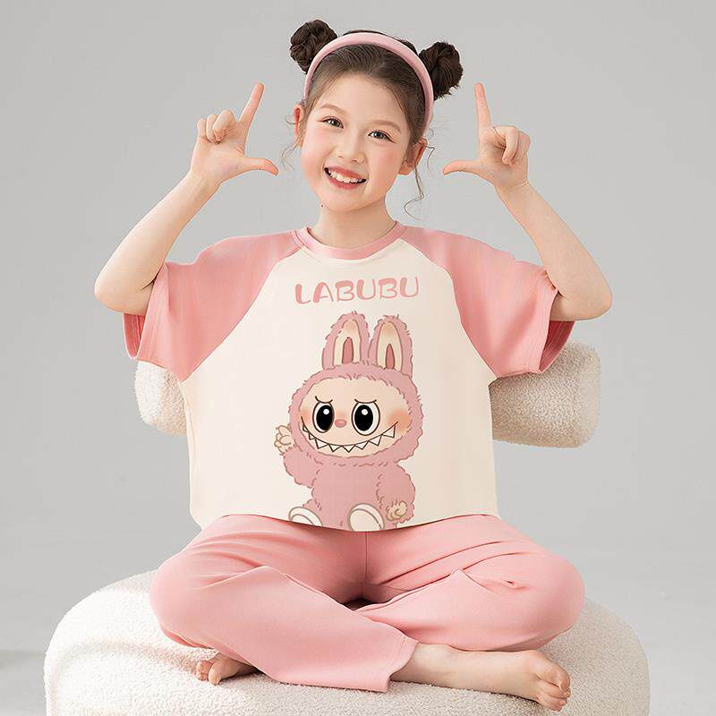 卡通LABUBU拉布布女童睡衣春夏款纯棉短袖长裤可爱女孩初中生套装