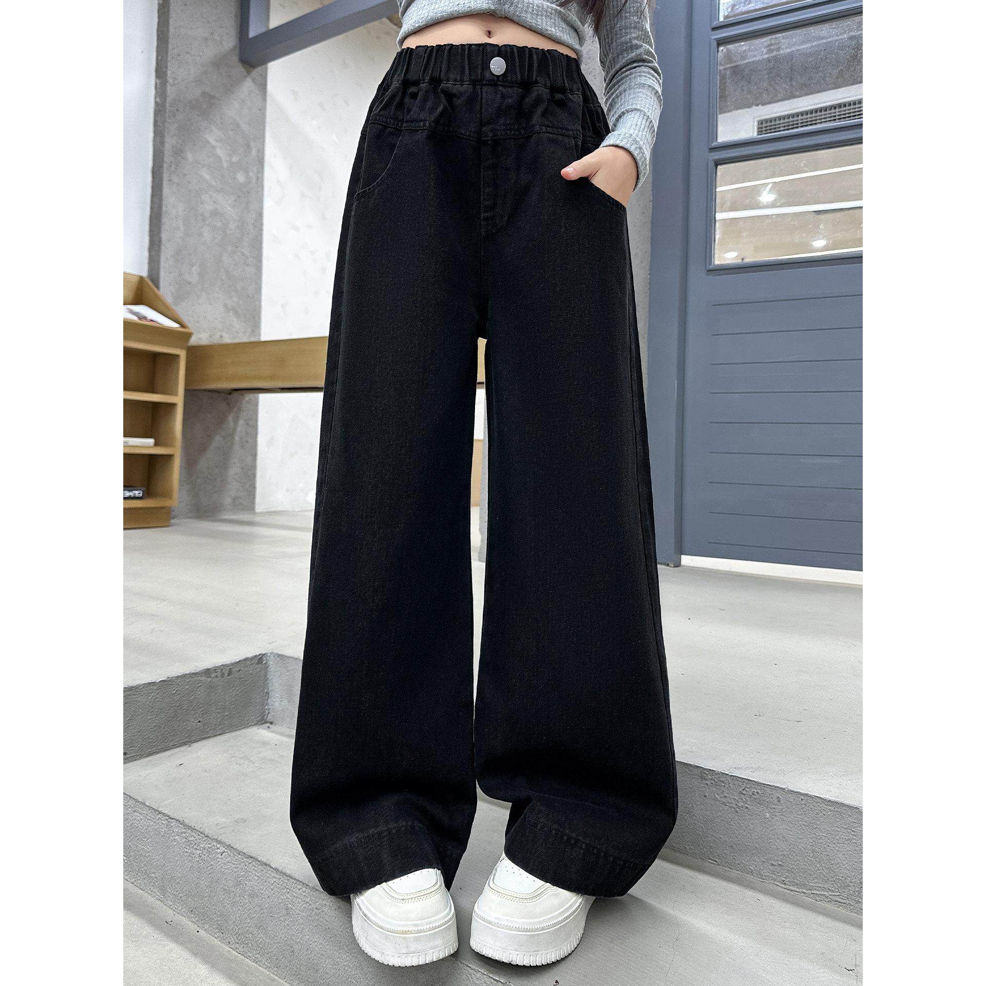 女童加绒牛仔裤冬季新款女孩大童好看直筒长裤秋冬儿童黑色阔腿裤