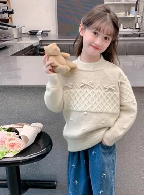 女童白色毛衣针织衫2025秋冬新款蝴蝶结加厚中大童洋气儿童打底衫