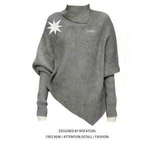 大码胖妹妹美式覆古星星高领针织斗篷女秋冬不规则设计感小众毛衣