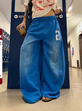 F383 美式覆古蓝色阔腿裤男女宽松垂感休闲长裤抽绳渐层弯刀卫裤