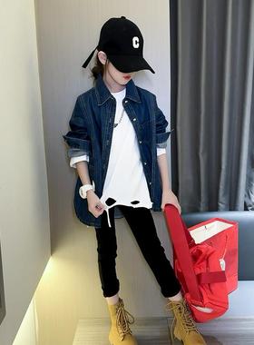 女童洋气牛仔衬衫外套2025春季新款大童女孩复古百搭上衣时髦春装