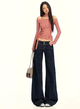 美式深蓝色直筒牛仔裤女2025秋季新款低腰百搭显瘦喇叭休闲裤子