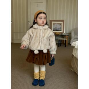 2025秋冬新款女童韩系连帽毛毛外套女宝高级感加绒加厚彷皮草上衣