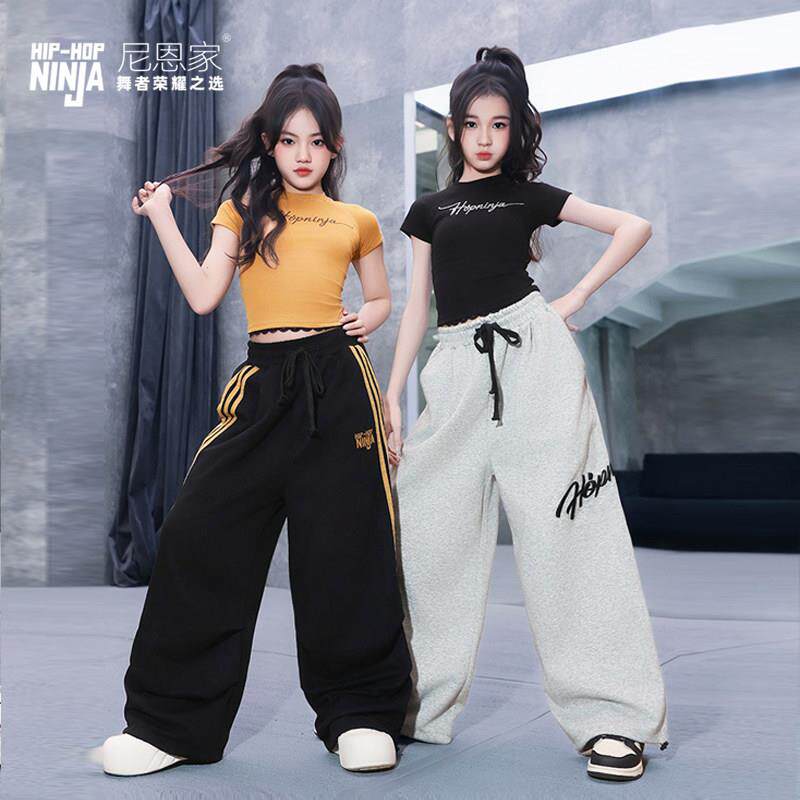 儿童街舞女童爵士舞服套装黑色蕾丝烫钻短袖运动裤表演出潮