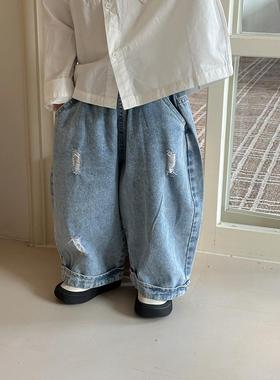 木晨家2025春秋季新款男孩破洞牛仔裤裤，儿童及中年儿童阔腿宽松