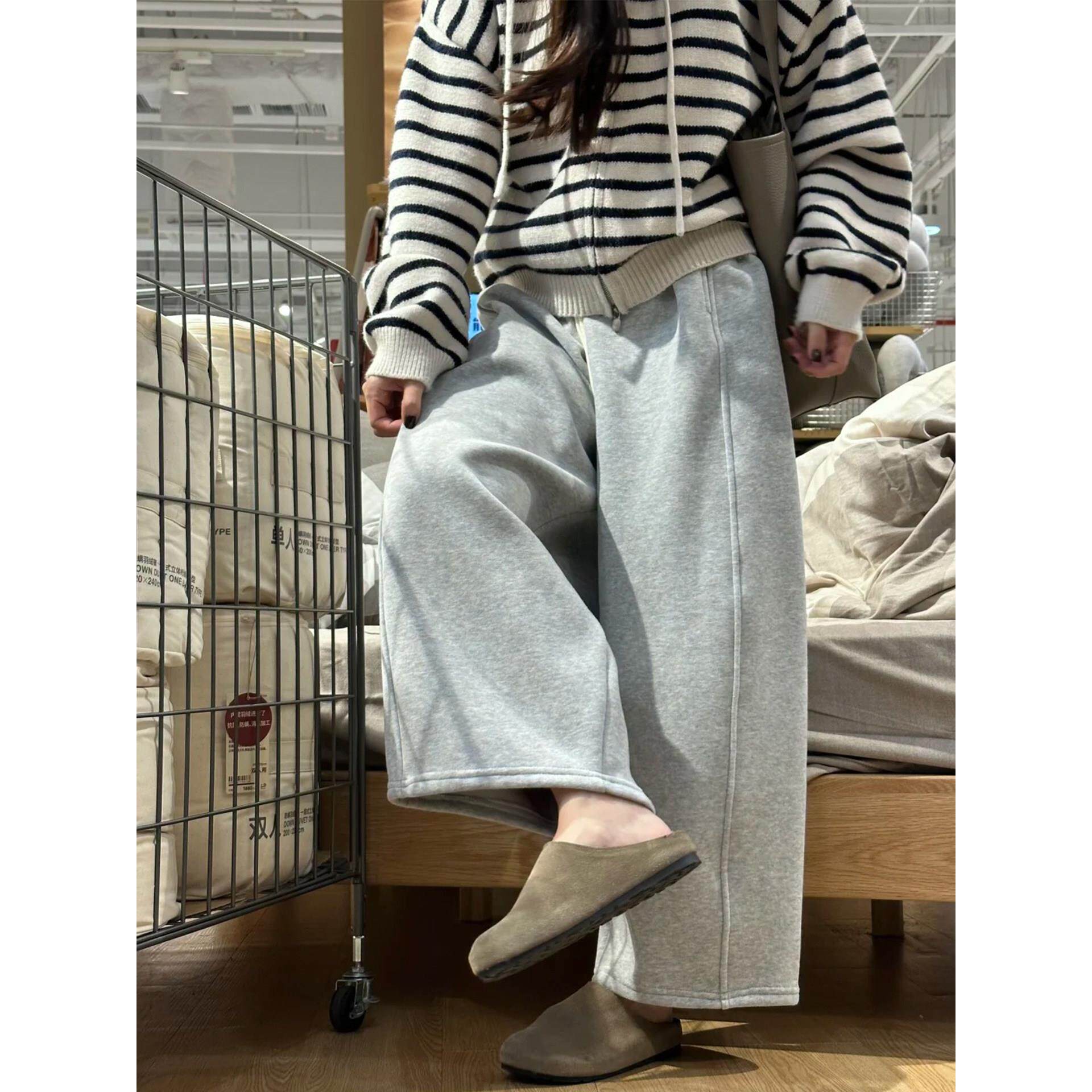灰色加绒卫裤女秋冬新款宽松显瘦大码胖妹妹mm巨好看休闲阔腿裤子