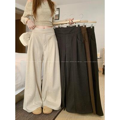 PPHOME设计感拼接毛呢休闲裤女秋冬裤子加绒加厚高腰垂感阔腿长裤