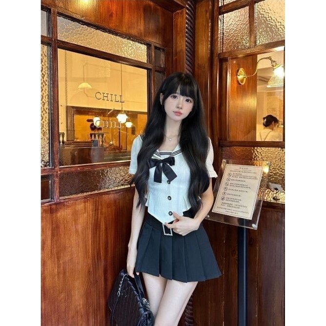 熊二jk学院风新款套装制服海军领短上衣设计感韩系穿搭腰带百褶裙