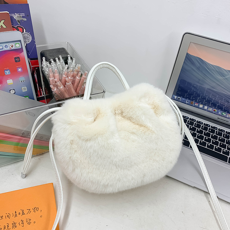 毛茸茸褶皱仿毛女包南瓜手提抽绳编绳手提包单肩包斜毛绒斜挎包